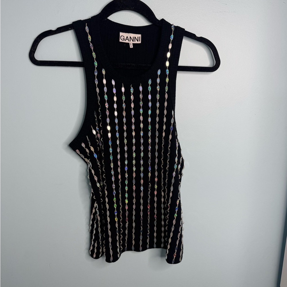 Ganni Black Sequin Tank Top